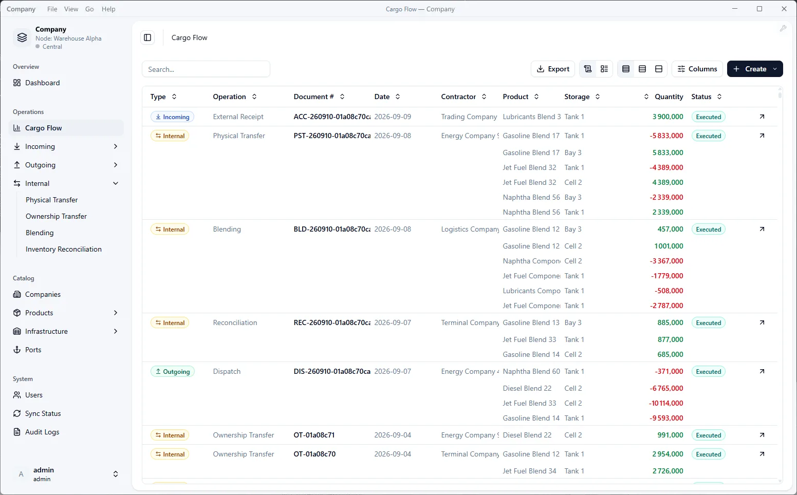 ERP for liquid cargo operations — application screenshot